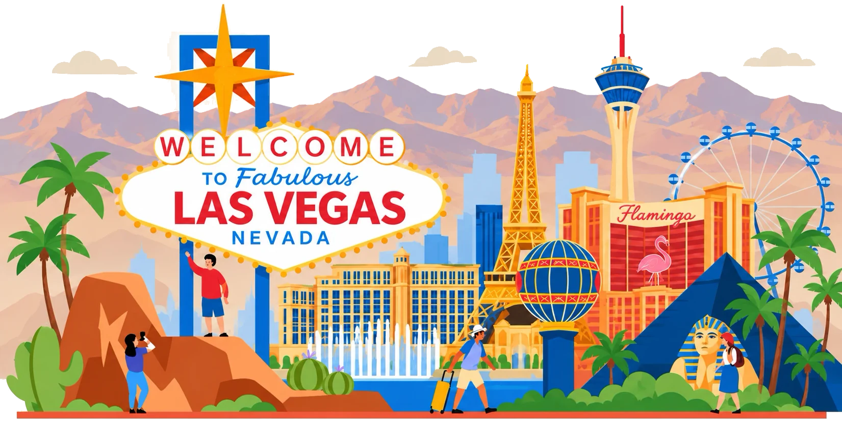 Illustration of the Welcome to Fabulous Las Vegas sign in front of the Strip, with desert mountains and palm trees.